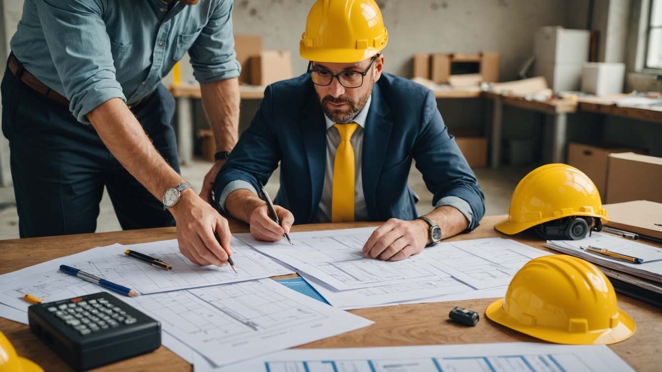 architect and construction worker checking blueprints