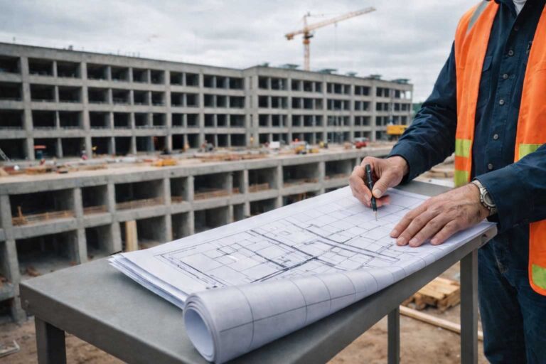 construction worker checking blueprints