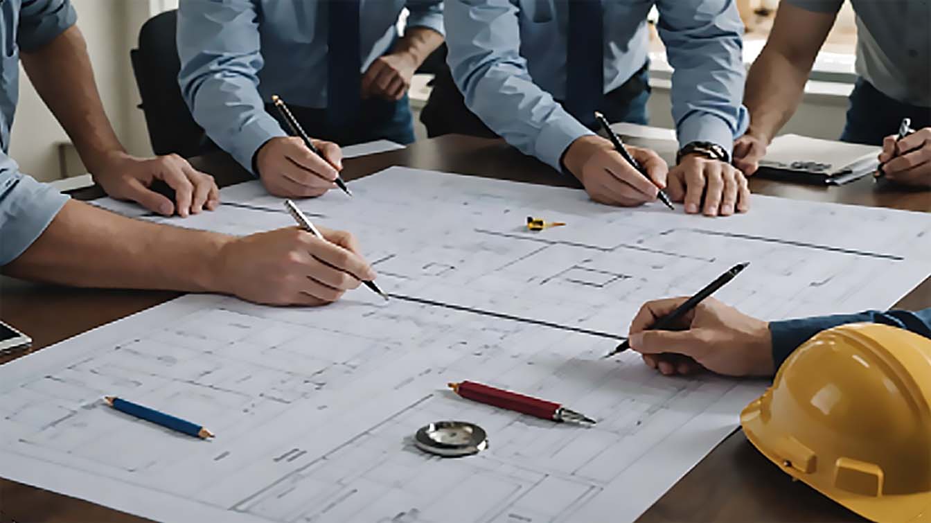 construction workers checking blueprints